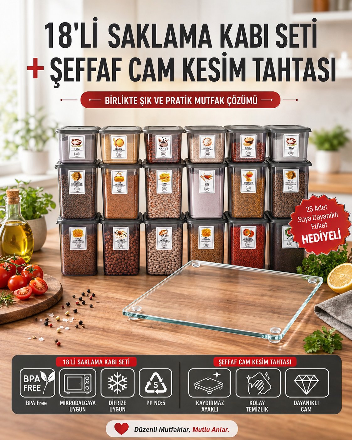 Etiketli 18’li Antrasit Saklama Kabı Seti + Şeffaf  Cam Kesim Tahtası