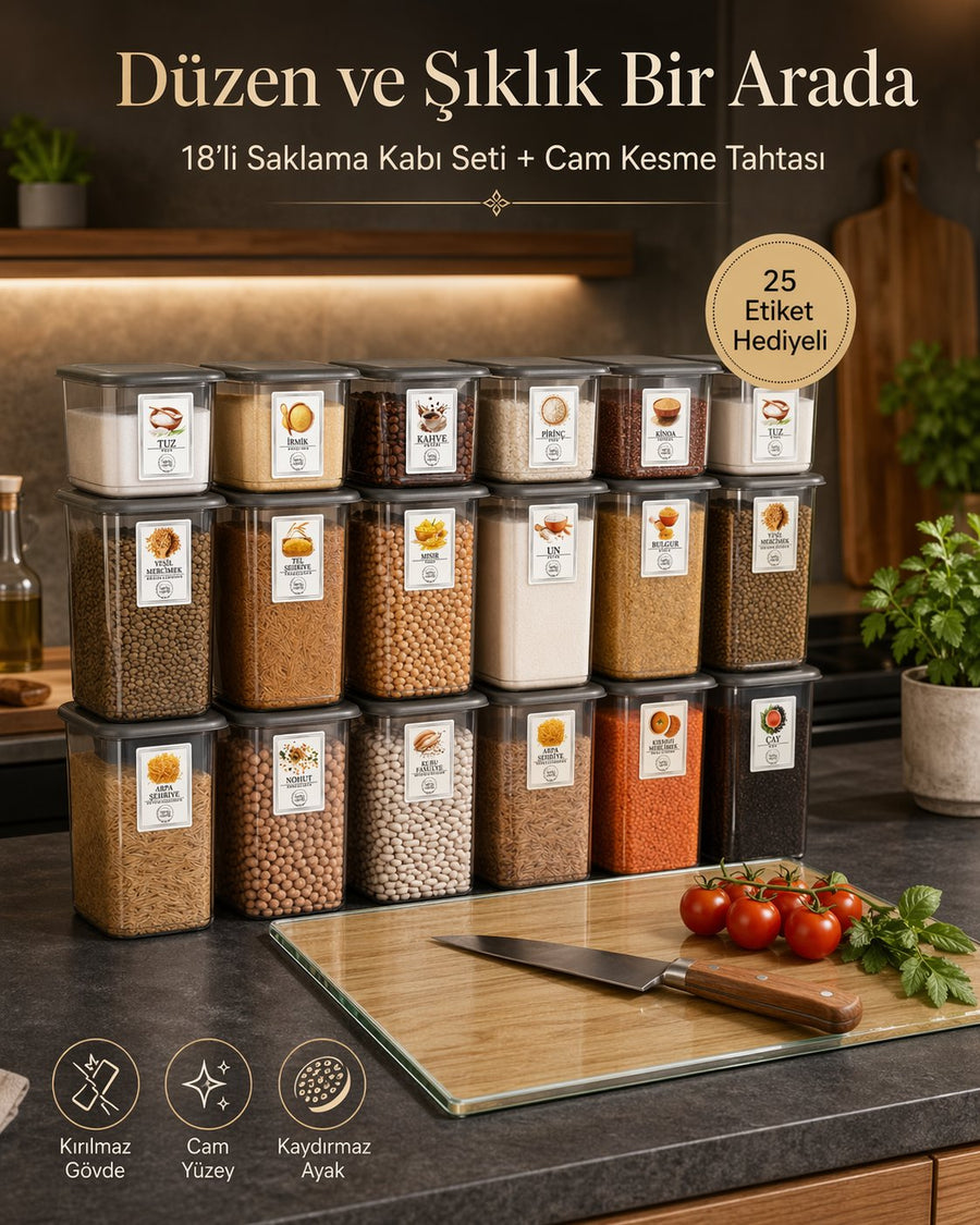 Etiketli 18’li Antrasit Saklama Kabı Seti+ Ahşap Desen Kesme Tahtası