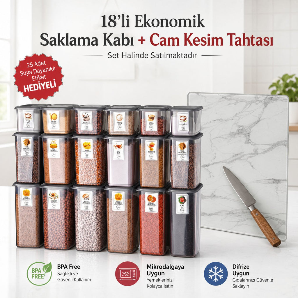 Etiketli 18’li Antrasit Saklama Kabı Seti + Klasik Mermer Desen Cam Kesim Tahtası