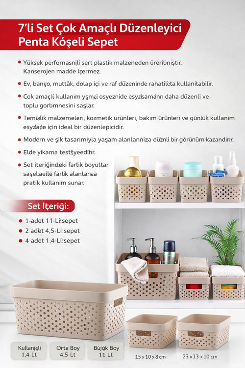 7 parça Çok Amaçlı düzenleyici Penta köşeli sepet bej